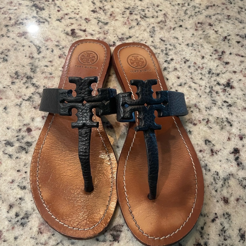 Tory Burch Black and Tan Leather Sandals